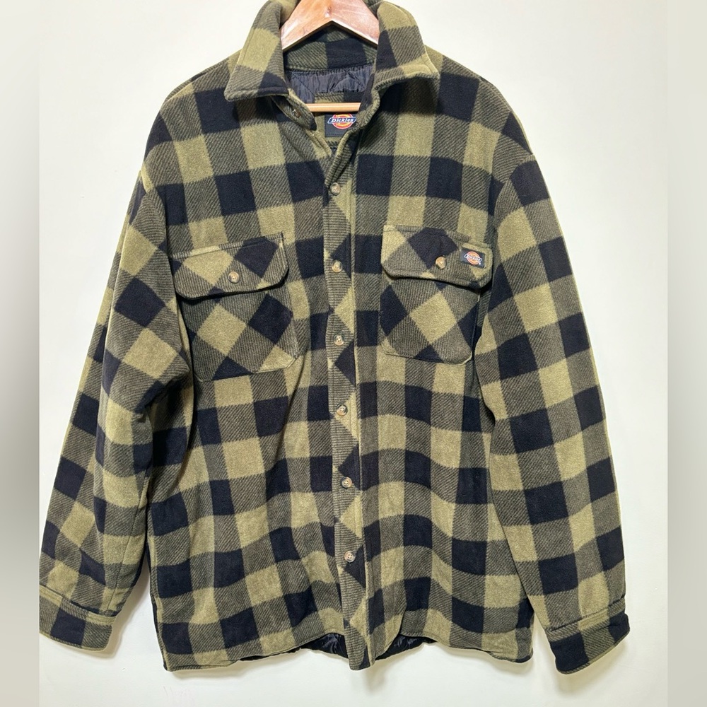 Dickies XL Relaxed Fit Micro Fleece Quilted Shirt Jacket Green Black Plaid